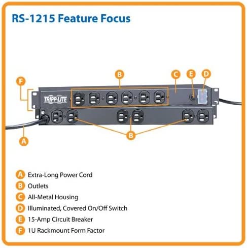 Tripp Lite 12 Outlet Rackmount Network-Grade PDU Power Strip, Front &amp; Rear Facing, 15A, 15ft Cord with 5-15P Plug (RS-1215) 15A Single