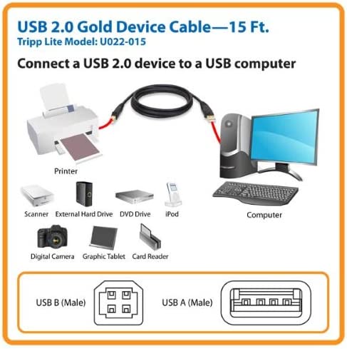 Tripp Lite USB 2.0 High-Speed Cable, Type-A to Type-B (M/M), 15-ft. (U022-015) 15 ft.
