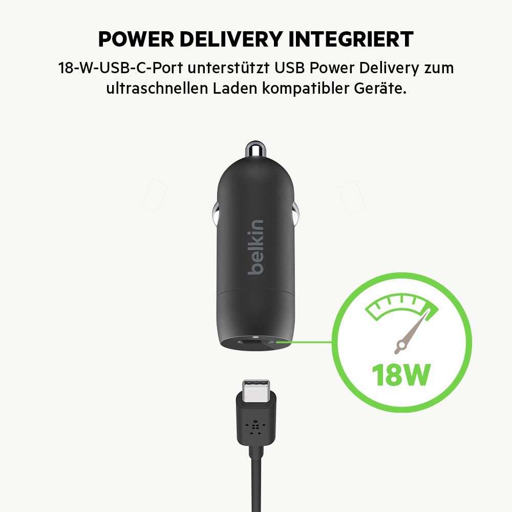 Belkin USB-C Car Charger 18W W/ 4Ft USB-C to Lightning Cable (iPhone Fast Charger for iPhone 11, Pro, Max, XS, Max, XR, X, 8, Plus, iPhone SE 2020) iPhone Car Charger, iPhone Charger Included Lightning Cable
