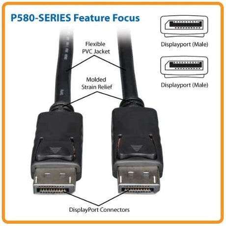 Tripp Lite DisplayPort Cable with Latches (M/M), DP to DP, 4K x 2K, 3-ft. (P580-003), Black 3'