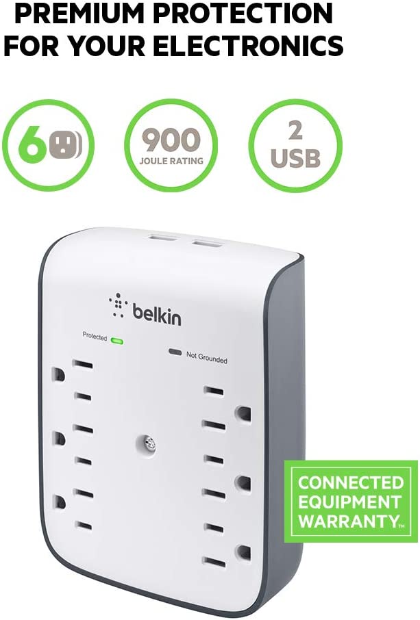 Belkin 6-Outlet USB Surge Protector, Wall Mount - Ideal for Mobile Devices, Personal Electronics, Small Appliances and More (900 Joules) Wall Mount 6-Outlet with USB Power Strip