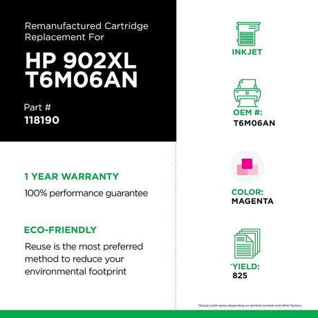 Clover imaging group CLOVER Remanufactured Ink Cartridge Replacement for HP T6M06AN (HP 902XL) | Magenta | High Yield