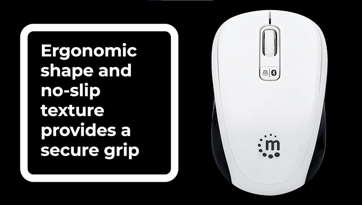 Manhattan Ergonomic Wireless &amp; Bluetooth Mouse - with 800 / 1200 / 1600 dpi, 3 Buttons with Scroll Wheel, Auto Power Management - for Mac, Laptops, Computers – 3 Yr Mfg Warranty- Black &amp; White, 179645