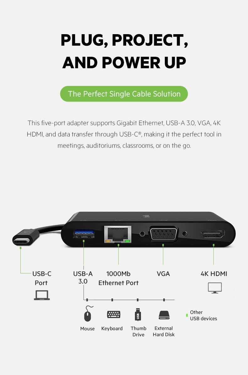 Belkin USB C Hub, 5-in-1 MultiPort Docking Station - USB C Docking Station for iPad, iPad Pro, iPad Mini &amp; MacBook - 1000W USB-C Power Delivery Gigabit Ethernet, USB-A 3.0, VGA, 4K HDMI &amp; USB-C USB-C Multimedia Adapter + 100W Charge Adapter