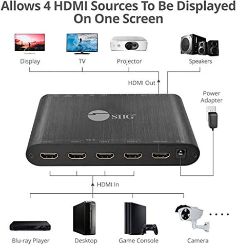 SIIG 1080p 4x1 HDMI Quad Multi-Viewer, Seamless Switcher, for PC/DVD/Security Camera, IR Remote Control, 3.5mm Audio Extract, TAA Compliant, ESD Protection, Metal housing (CE-H25R11-S1)