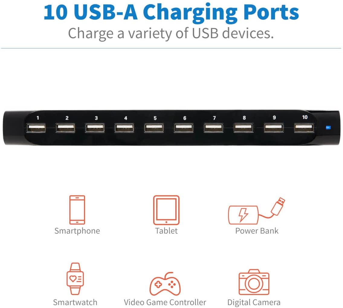 TRIPP LITE 10-Port USB Charging Station Dock with Storage Slots for Tablet iPhone iPad &amp; Laptops (U280-010-ST),Black