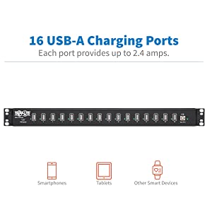 TRIPP LITE 16-Port USB Sync Charging Hub Station Tablet Smartphone iPad/iPhone Rackmount TAA (U280-016-RM), Black 16-Port USB Charger w/ Sync