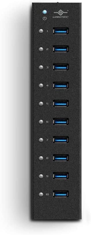 Vantec 10-Port USB 3.0 Hub, Aluminum, Full Powered, Mountable, with All Ports Data &amp; Charging Up to 1.5A, BC 1.2, Premium 12V/5A, 60W Power Adapter (UGT-AH110U3-BK),Black