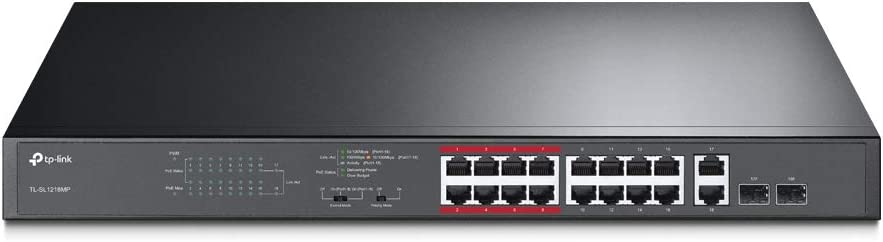 TP-Link 16 Port 10/100Mbps Fast Ethernet PoE Switch | 16 PoE+ Ports @194W, w/ 2 Uplink Gigabit Ports + 2 Combo SFP Slots | Limited Lifetime Protection | Extend Mode | Priority Mode (TL-SL1218MP) 18 Port w/ 16-Port PoE+