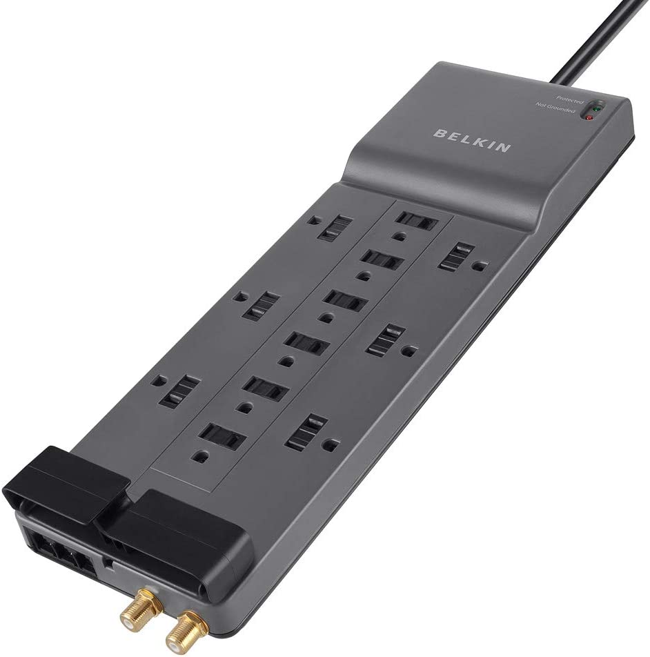 Belkin Power Strip Surge Protector - 12 AC Multiple Outlets &amp; 8 ft Long Flat Plug Heavy Duty Extension Cord for Home, Office, Travel, Computer Desktop, Laptop &amp; Phone Charging Brick (3,940 Joules) 1 Pack