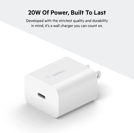 Belkin 20 Watt USB C Wall Charger - USB Type C Charger Fast Charging for Apple iPhone 14, 14 Pro, 14 Pro Max, 13, 13 Pro, 13 Pro Max, Galaxy S21 Ultra, iPad, AirPods &amp; More - USBC Charger (1-Pack) 20W 1-pack Charger