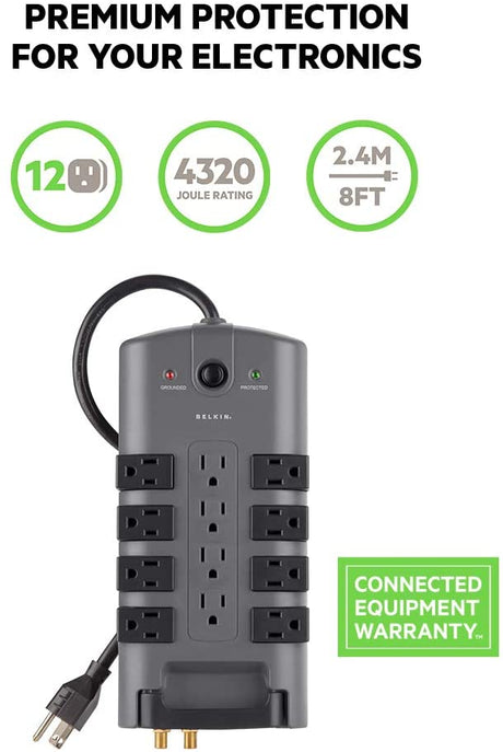 Belkin Surge Power Strip Protector - 8 Rotating &amp; 4 Stationary AC Multiple Outlets - 8 ft Long Heavy Duty Extension Cord Flat Pivot Plug for Home, Office, Travel, Desktop &amp; Charging Brick, 4320 Joules Phone Protection Power Strip 12-Outlet