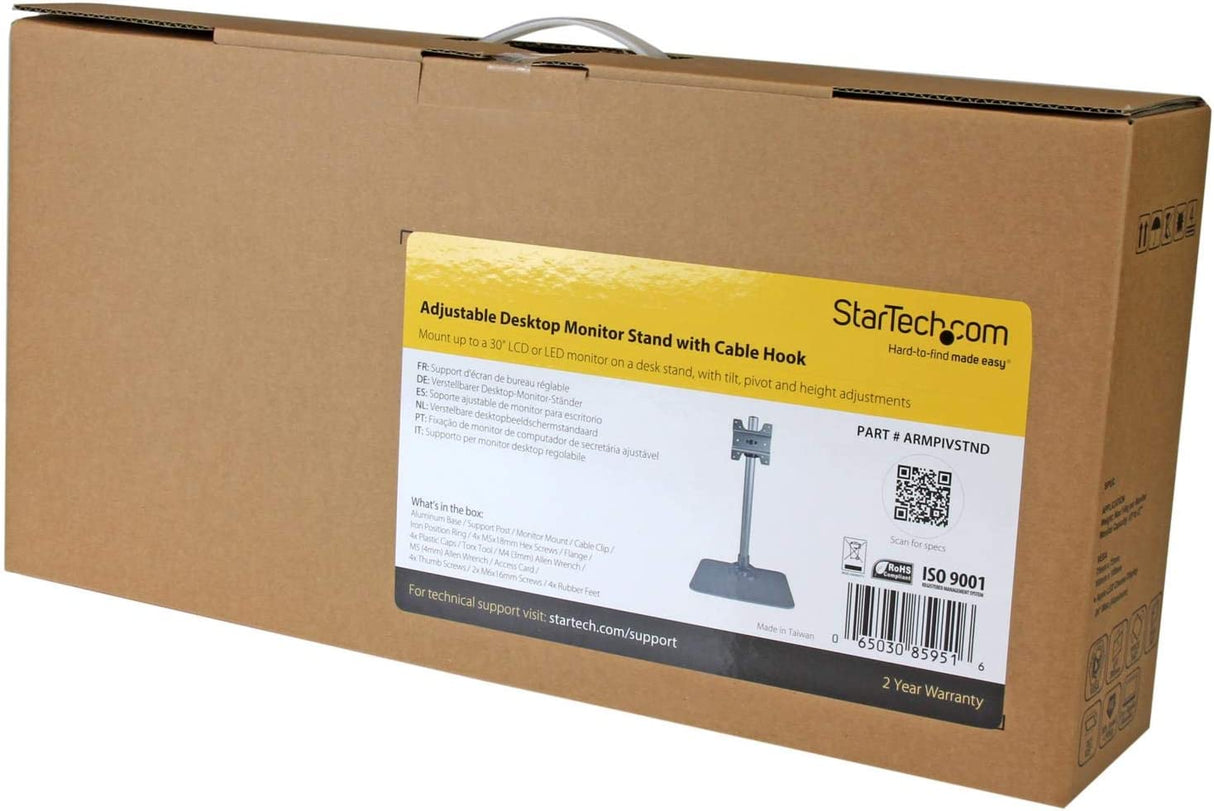 StarTech.com Single Monitor Stand - Adjustable - Supports Monitors 12'' to 34'' - Premium - Single Screen VESA Monitor Mount Stand - Silver (ARMPIVSTND)