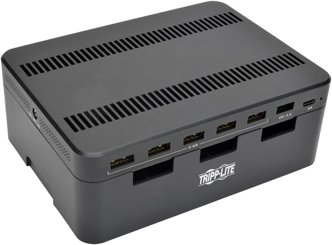 Tripp Lite 7-Port USB Charging Station Hub Quick Charge 3.0, USB-C, Storage, 6.6" x 4.9" x 2.6" (U280-007-CQC-ST)