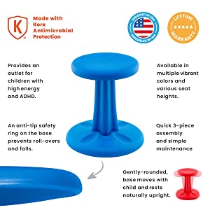 Kore design Kore Kids Junior Wobble Chair - Flexible Seating Stool for Classroom, Elementary School, ADD/ADHD - Made in The USA - Junior- Age 8-9, Grade 3-4, Blue (16in) Blue Junior (16in Tall)