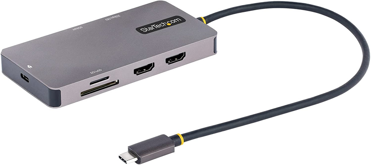 StarTech.com USB C Multiport Adapter, Dual HDMI Video, 4K 60Hz, 2Pt 5Gbps USB-A 3.1 Hub, 100W Power Delivery, GbE, SD/MicroSD, 12"/30cm Cable, Travel Dock, Laptop Docking Station (120B-USBC-MULTIPORT)