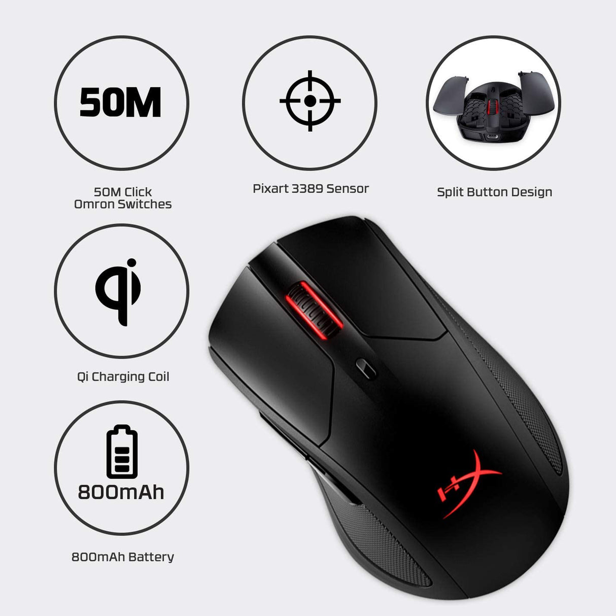 HyperX Pulsefire Dart - Wireless RGB Gaming Mouse, Software-Controlled Customization, 6 Programmable Buttons, Qi-Charging Battery up to 50 hours - PC, PS4, Xbox One Compatible Black Wireless Pulsefire Dart Mouse