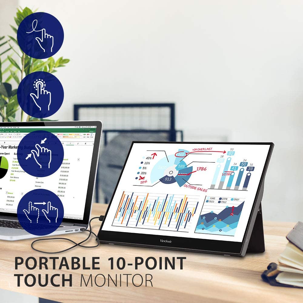ViewSonic 15.6 Inch 1080p Portable Monitor with IPS Touchscreen, 2 Way Powered 60W USB C, Eye Care, Dual Speakers, Built in Stand with Cover (TD1655) 15.6 Inch Touch