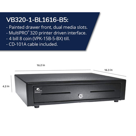 APG Standard- Duty 16” Electronic Point of Sale Cash Drawer | Vasario Series VB320-1-BL1616-B5 | with CD-101A Cable | Printer Compatible | Plastic Till with 4 Bill/ 8 Coin Compartments | Black Printer-Driven 24V (with Cable) - Black 16" - 4x8