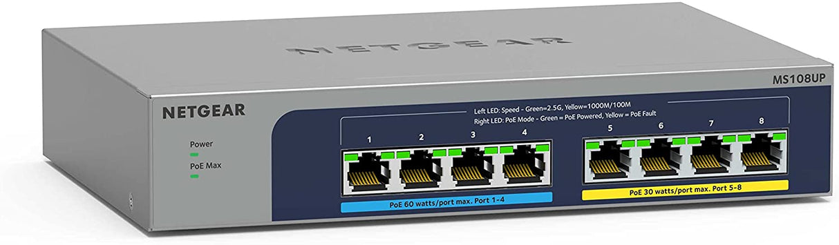 NETGEAR 8-Port Ultra60 PoE Multi-Gigabit Ethernet Unmanaged Network Switch (MS108UP) - with 4 x PoE++ and 4 x PoE+ @ 230W, Desktop or Wall Mount, and Limited Lifetime Protection