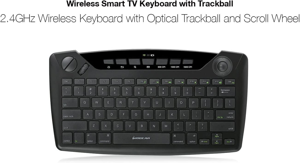IOGEAR Smart TV Wireless Keyboard w/Trackball - 2.4GHz Offers Range Up to 35 ft - Left/Right Mouse Buttons - Xbox - PS4 - Roku - Apple TV - Smart TV - GKB635W