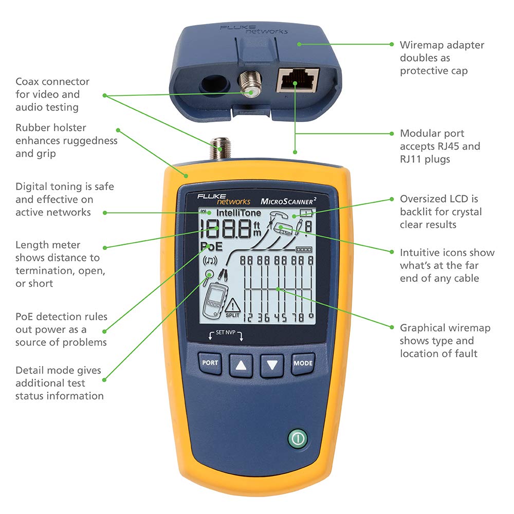 Fluke Networks MS2-100 MicroScanner2 Copper Cable Verifier with Built-In IntelliTone Toning, Troubleshoots RJ11, RJ45, Coax, Tests 10/100/1000Base-T, and Voip MS2-100: MicroScanner2 Cables