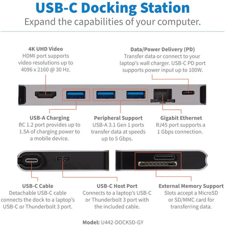 Tripp Lite USB C Docking Station USB Hub 4K HDMI GbE SD Card Reader Pd Charging (U442-DOCK5D-Gy)