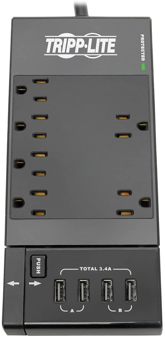 Tripp Lite Surge Protector Power Strip 6-Outlet w/4 USB Charging/Sync Ports, Black, 9.6" x 6.7" x 1.8" (TLP66USBR)