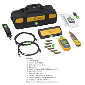 Flukenetworks Fluke Networks - 5018513 MS-POE-KIT MicroScanner Copper Cable Verifier &amp; PoE tester for RJ-45 Category 5-6A Ethernet Cables, Includes IntelliTone Pro 200 &amp; Remote ID Kit MS-POE-KIT: Power over Ethernet Kit Cables