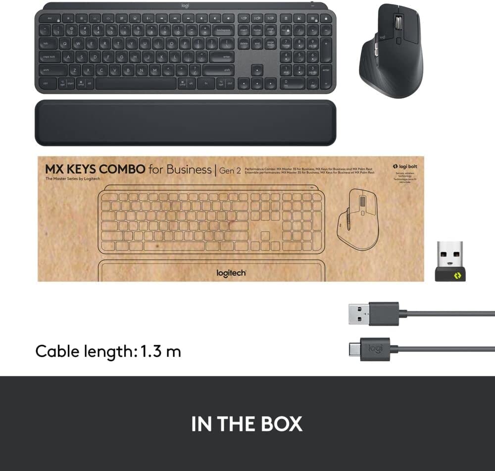 Logitech MX Keys Combo for Business | Gen 2, Full Size Wireless Keyboard and Wireless Mouse, with Keyboard Palm Rest, Bluetooth, Logi Bolt, Quiet Clicks, Windows/Mac/Chrome/Linux - Graphite