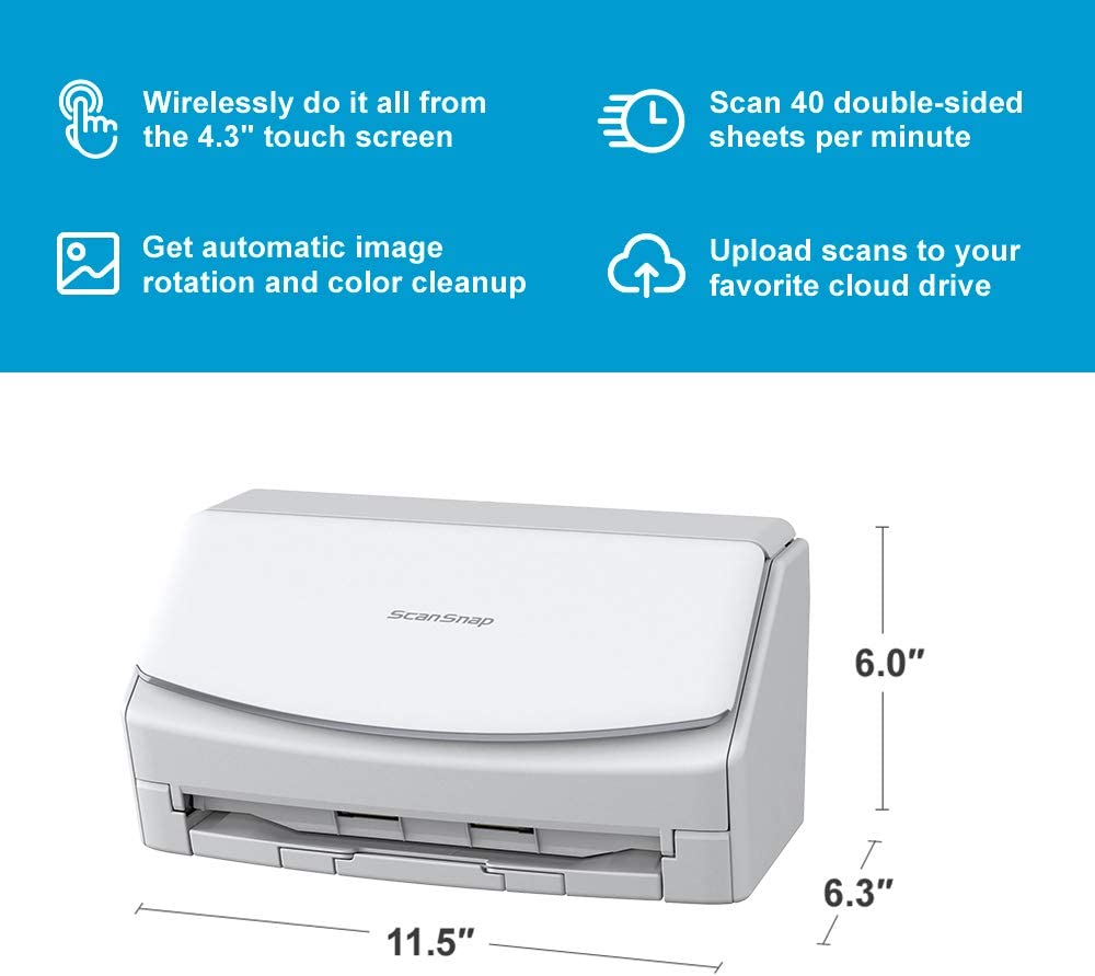 Fujitsu ScanSnap iX1600 Wireless or USB High-Speed Cloud Enabled Document, Photo &amp; Receipt Scanner with Large Touchscreen and Auto Document Feeder for Mac or PC, White ScanSnap iX1600 White