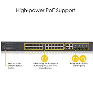 ZyXEL 24-Port Gigabit Ethernet High Powered PoE 375W NebulaFlex Smart Managed Switch | 4X RJ-45/SFP Ports | 802.3at 802.3af | Metal | Limited Lifetime [GS1920-24HPv2] 24-port PoE+ (375W) 4x SFP