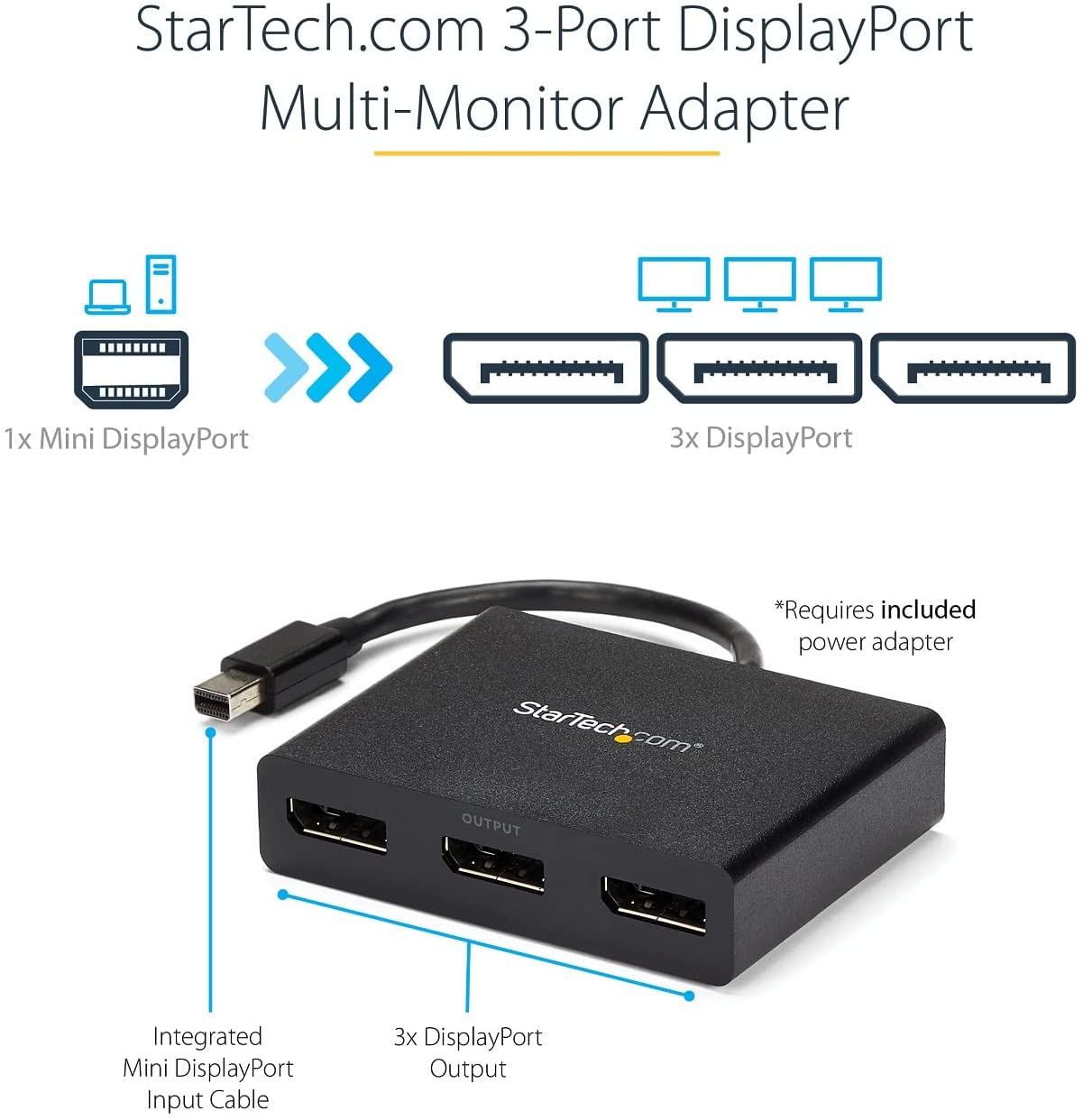 StarTech.com 3-Port Multi Monitor Adapter - Mini DisplayPort to DisplayPort MST Hub, Dual 4K30Hz &amp; 1x 1080p - Video Splitter for Extended Desktop Mode on Windows Only - mDP 1.2 to 3x DP (MSTMDP123DP) Mini DisplayPort to 3x DisplayPort