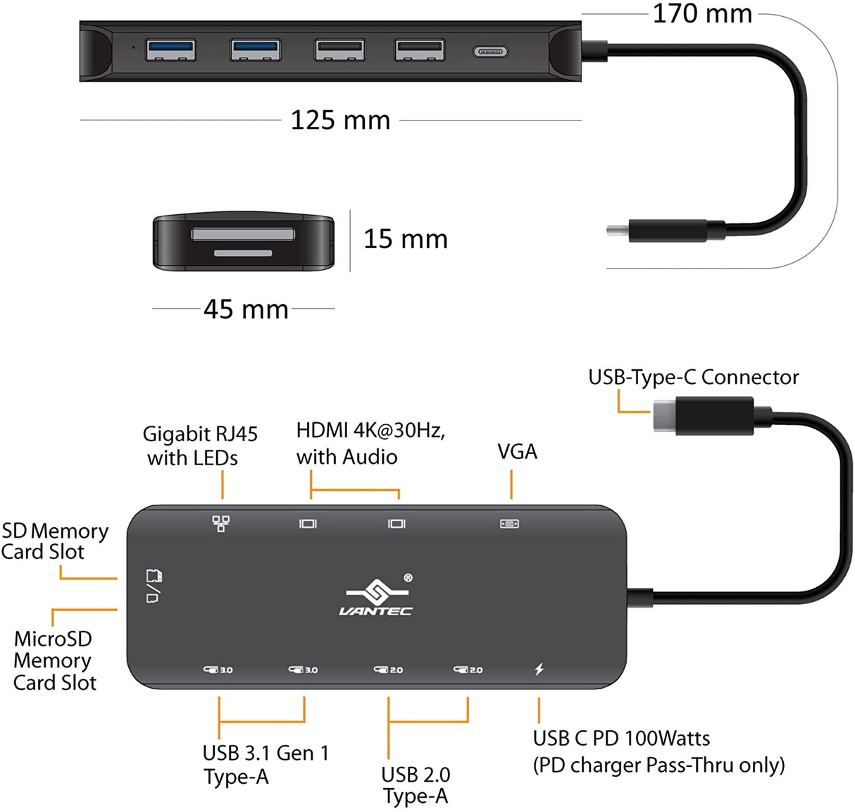 Vantec Link USB C Multi-Function Hub with 2xHDMI 4K, VGA, Gigabit, SD, MicroSD, 2xUSB 3.1, 2xUSB 2.0, PD 100W, USB C (CB-CU302MDSH)
