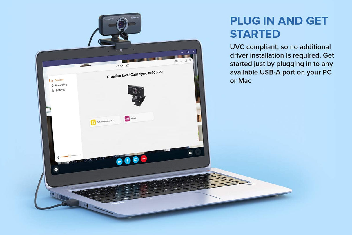 Creative Live! Cam Sync 1080p V2 Full HD Wide-Angle USB Webcam with Auto Mute and Noise Cancellation for Video Calls, Improved Dual Built-in Mic, Privacy Lens Cap, Universal Tripod Mount 1080p with SmartComms Kit