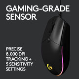 Logitech G203 Wired Gaming Mouse, 8,000 DPI, Rainbow Optical Effect LIGHTSYNC RGB, 6 Programmable Buttons, On-Board Memory, Screen Mapping, PC/Mac Computer and Laptop Compatible - Black Mouse Only Black