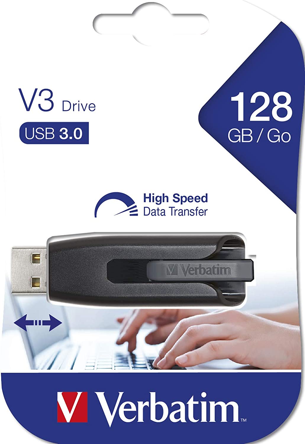 Verbatim 128GB USB 3.0 Store 'n' Go V3 Flash Drive - Cap-Less &amp; PC / Mac Compatible - Gray