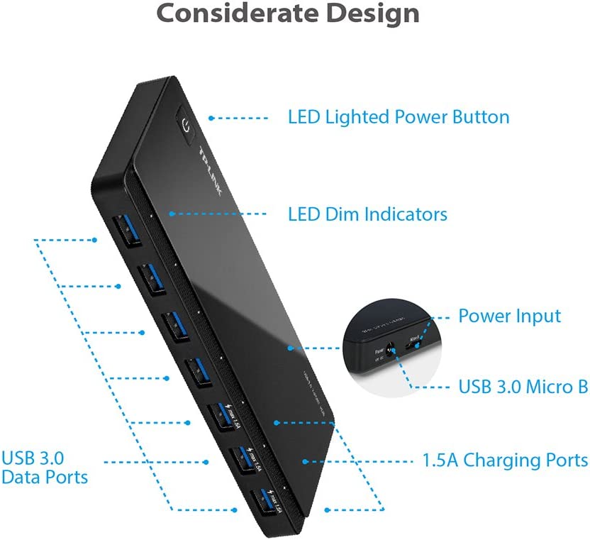 [2nd Gen] TP-Link 7-Port USB 3.0 Ultra Slim Hub Including 3 BC 1.2 Charging Ports up to 5V / 1.5A. Compatible with Windows, Mac, Chrome &amp; Linux OS, with Power On/Off Button (UH700)