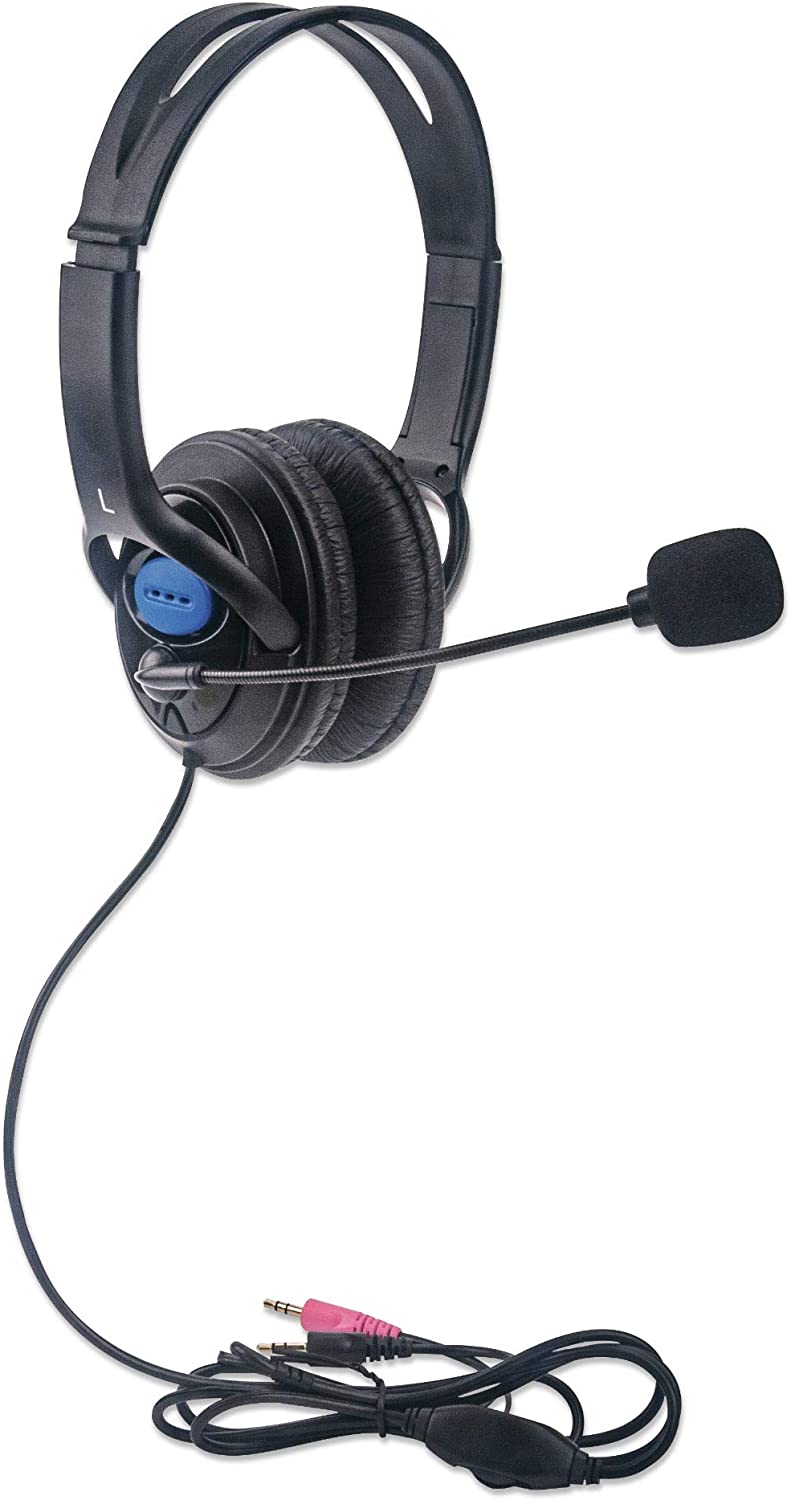 Manhattan Stereo Headset — Lightweight Over-Ear Design, 6 ft. (1.8 m) Connecting Cable and Two 3.5 mm Plugs for Audio and Built-in Adjustable Microphone