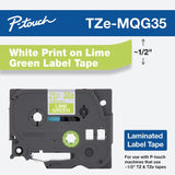 Brother Genuine P-Touch TZE-MQG35 Tape, 1/2" (0.47") Laminated White on Lime Green Water-Resistant 0.47" x 16.4 ft (24mm x 8mm), Single-Pack White on Lime Green Tape