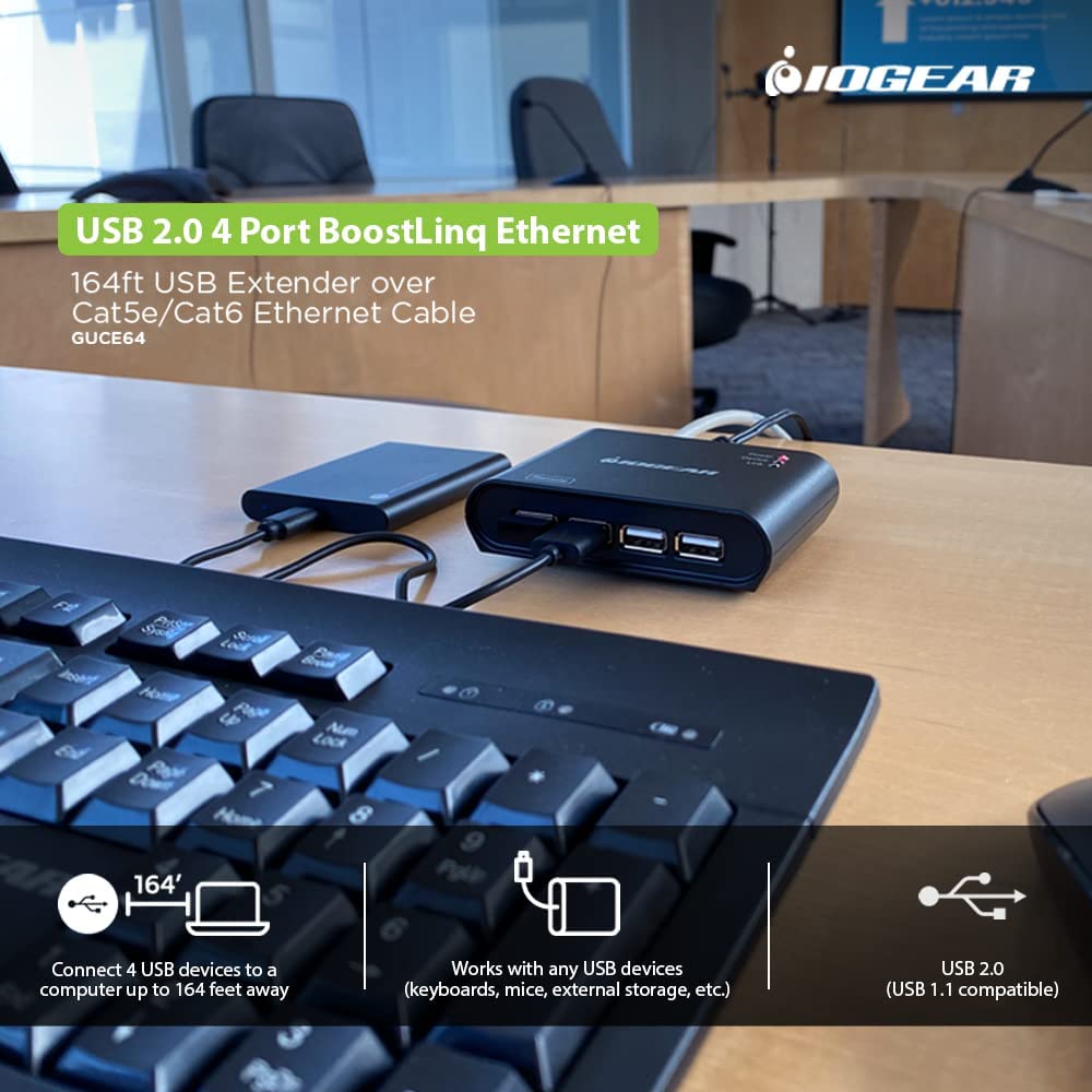 Iogear USB 2.0 4 Port USB Extender - Up To 165Ft - Cat5, Cat5e or Cat6 Ethernet - High Speed (480Mbps) - Plug-n-Play - TAA compliant - Windows - MacOS - GUCE64