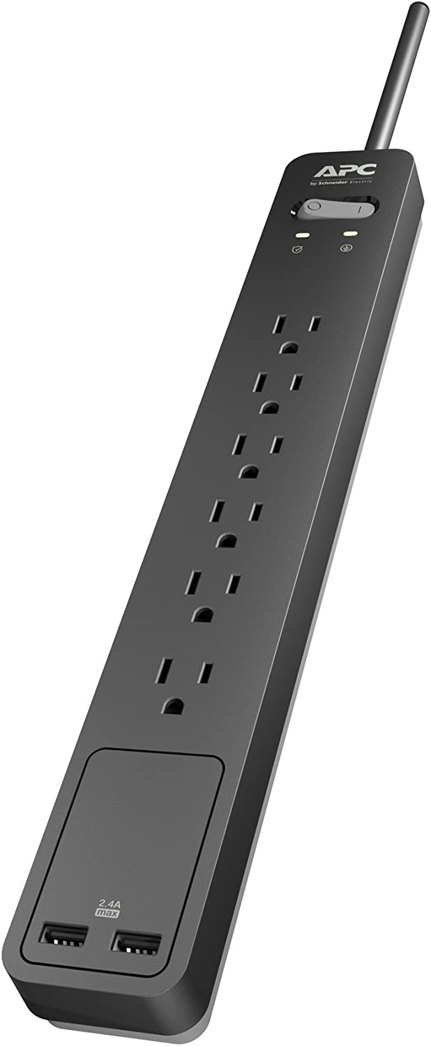 APC Power Strip Surge Protector with USB Charging Ports, PE6U2, 1080 Joules, Flat Plug, 6 Outlets Black 6 Outlet Plus USB Charging Power Strip