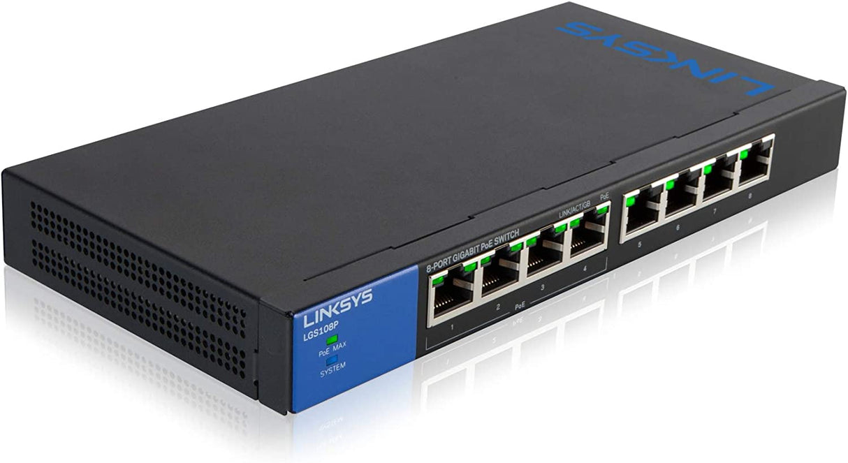 Linksys LGS108P: 8-Port Business Desktop Gigabit PoE+ Unmanaged Switch, Ethernet Plus, Local Wired Network Connection Speed up to 1,000 Mbps