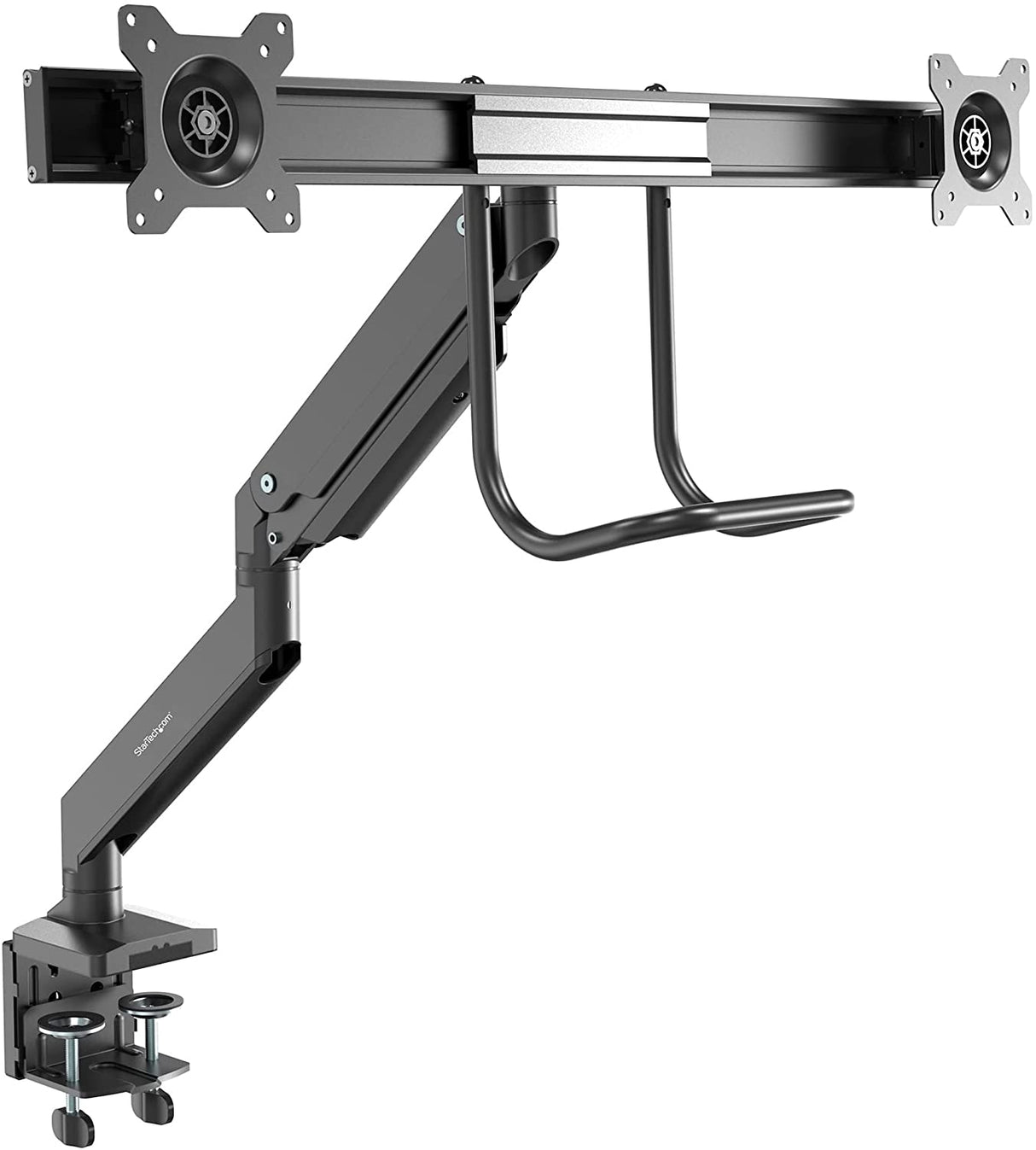 StarTech.com Desk Mount Dual Monitor Arm - Ergonomic Dual Monitor VESA Mount 32" (17.6lb) Displays - Crossbar Handle for Synchronized Full Motion - Height Adjustable - C-Clamp/Grommet (ARMSLMBARDUO)