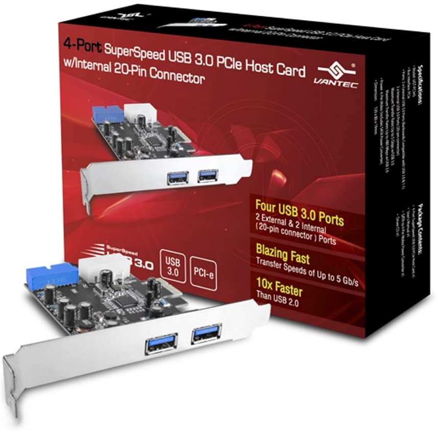 Vantec 4 Port USB 3.0 PCIe with Internal 20 pin Host Card (UGT-PC345) USB 3.0, 2A, 20 pins