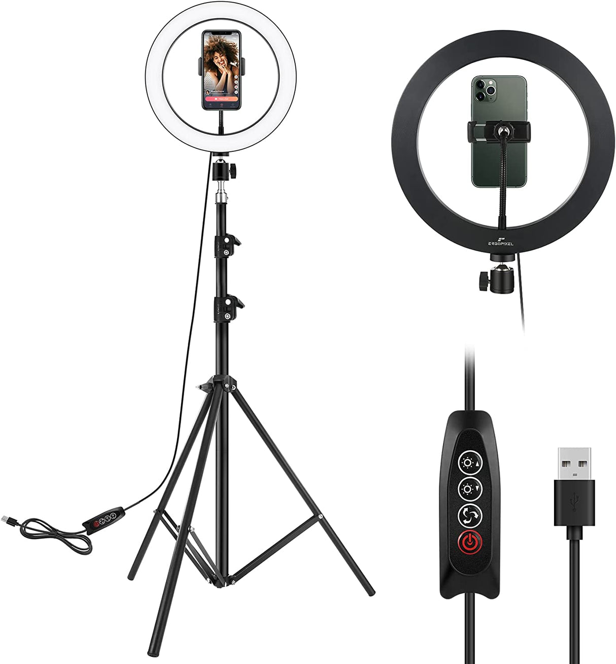 Ergopixel 10" Selfie Ring Light with 86" Adjustable Tripod Stand &amp; Phone Holder for Makeup/Live Stream, Upgraded Dimmable LED Ringlight for Tiktok/YouTube/Zoom Meeting/Photography