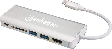 Manhattan SuperSpeed USB-C Multiport Adapter USB to HDMI, Two USB 3.0 A Ports, USB-C Power Delivery (PD) Port, Gigabit RJ45 Port, SD Card Reader; Mirror or Extend, Compact Design, Aluminum