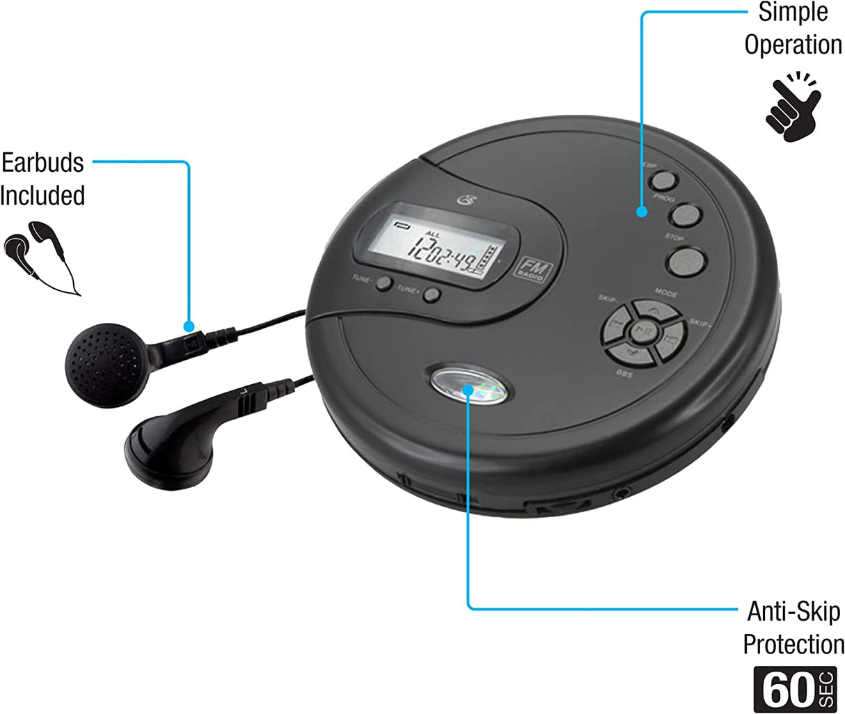 GPX PC332B Portable CD Player with Anti-Skip Protection, FM Radio and Stereo Earbuds - Black