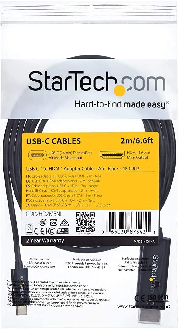 StarTech.com 6ft (2m) USB C to HDMI Cable - 4K 60Hz USB Type C to HDMI 2.0 Video Adapter Cable - Thunderbolt 3 Compatible - Laptop to HDMI Monitor/Display - DP 1.2 Alt Mode HBR2 - Black (CDP2HD2MBNL) 6 ft / 2 m Black