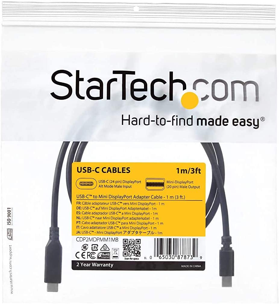 StarTech.com 1m / 3 ft USB-C to Mini DisplayPort Cable - 4K 60Hz - Black - USB 3.1 Type C to mDP Adapter (CDP2MDPMM1MB) 1m/3 ft